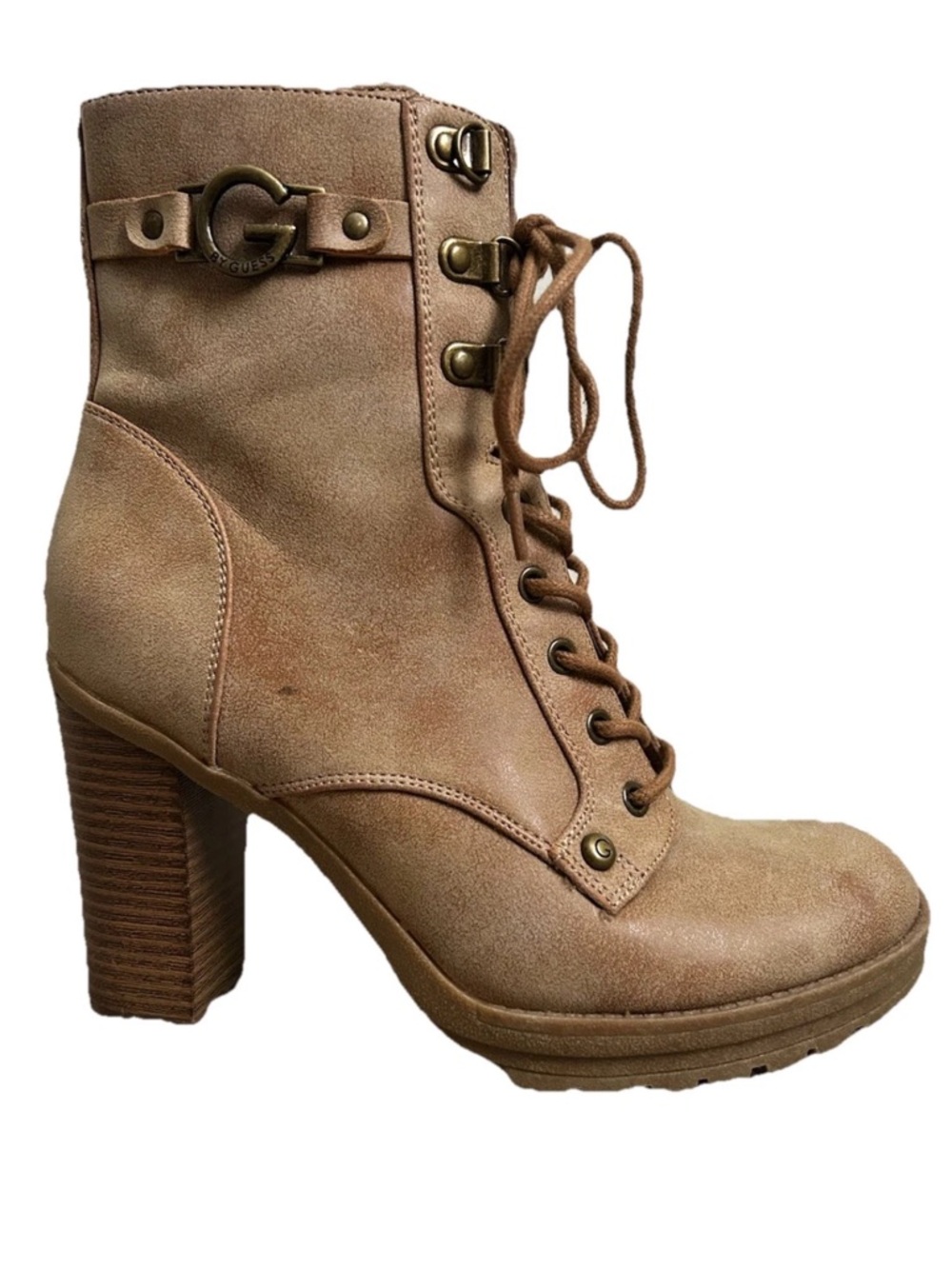 Guess Tan Lace-Up Heeled Combat Boots Platform Chunky Heel Size 7